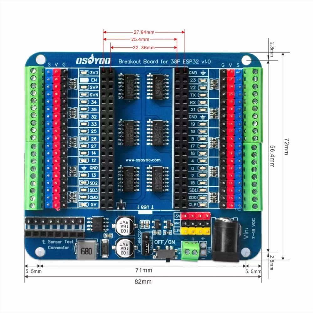 38P ESP32 Shield Breakout Board Terminal Block HAT Pin Header GPIO Status LED