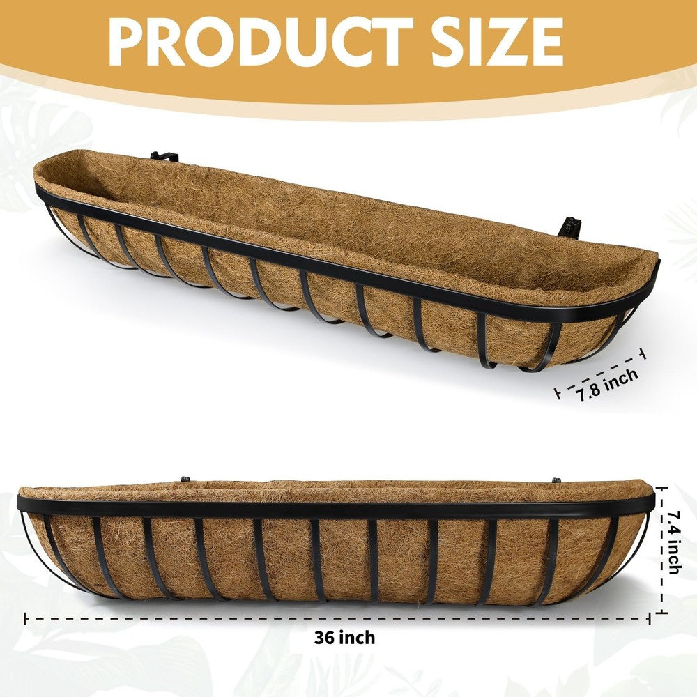 4 Pack 36 Inch Window Deck Railing Planter Boxes with Coconut Liner, Large Ha...