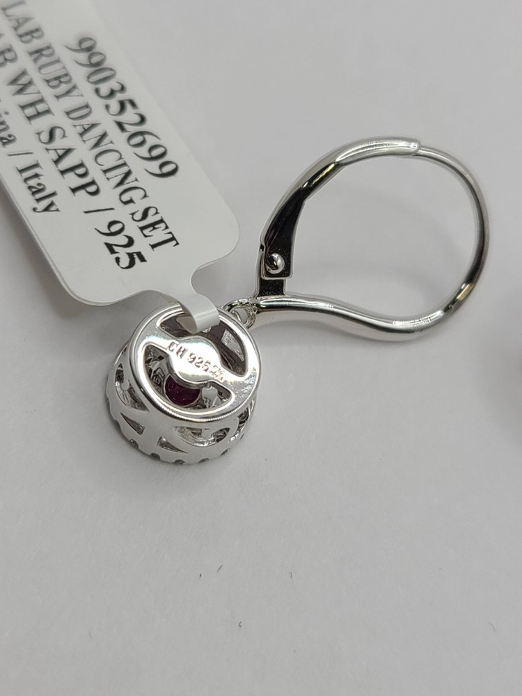 Round Cut Lab Ruby Gemstone Dancing Pendant & Earring Set in Sterling Silver
