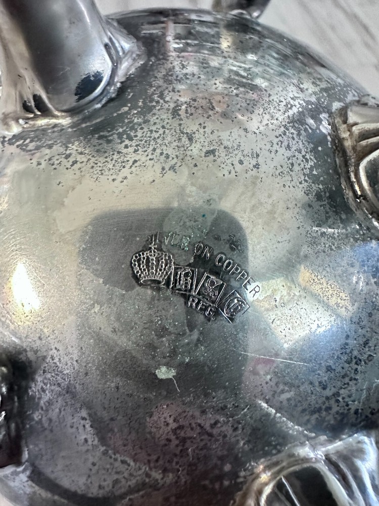 Vintage Beautiful Silver on Copper Tea set 5 pcs., used, tray and vases.