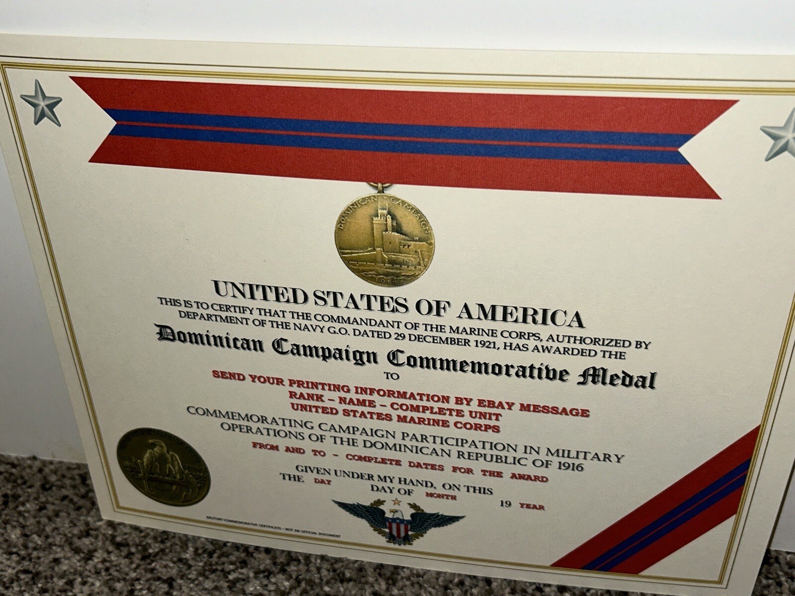 DOMINICAN CAMPAIGN (USMC) COMMEMORATIVE MEDAL CERTIFICATE ~ W/PRINTING TYPE-1