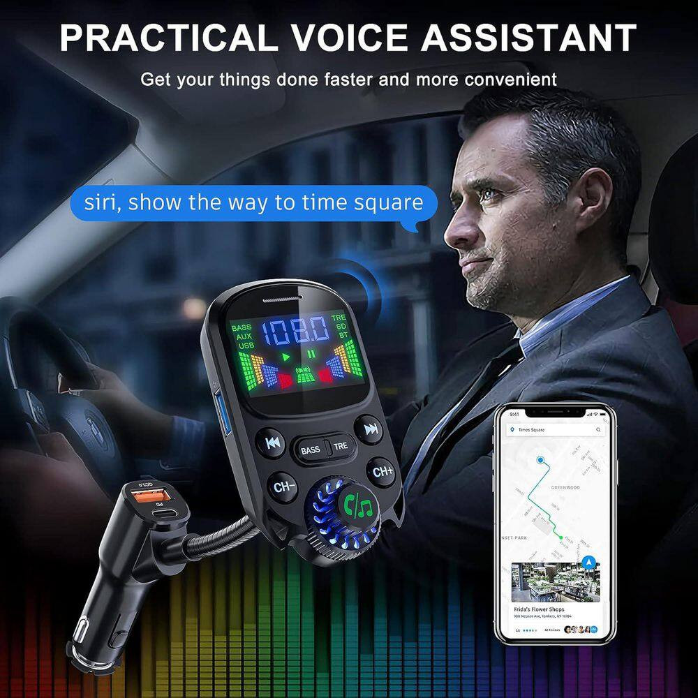 Bluetooth 5.3 FM Transmitter Car Adapter PD30W USB Fast Charge Hifi Treble Bass