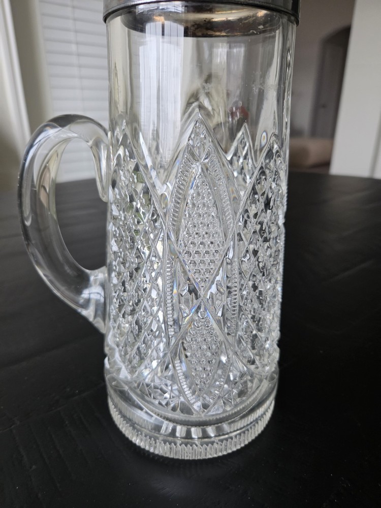 Victorian Style Silverplate Ornate Top Glass Pitcher Diamond Pattern Cut Glass