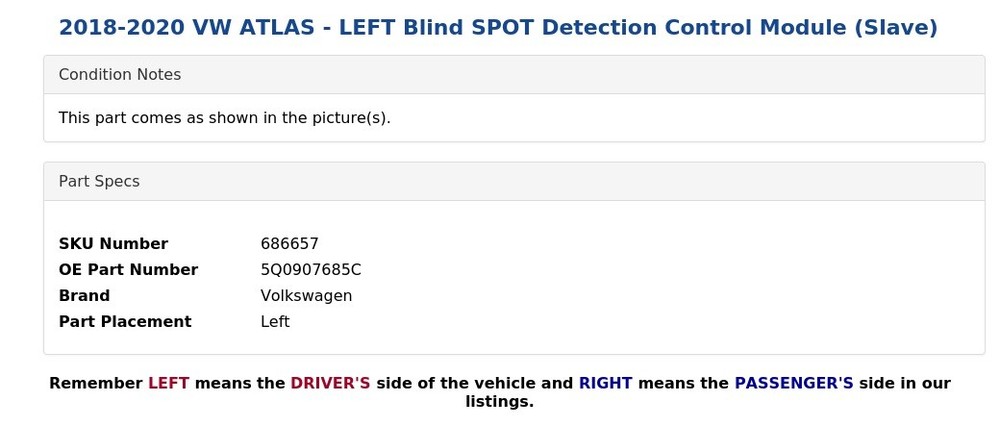 2018-2020 VW ATLAS - LEFT Blind SPOT Detection Control Module (Slave)