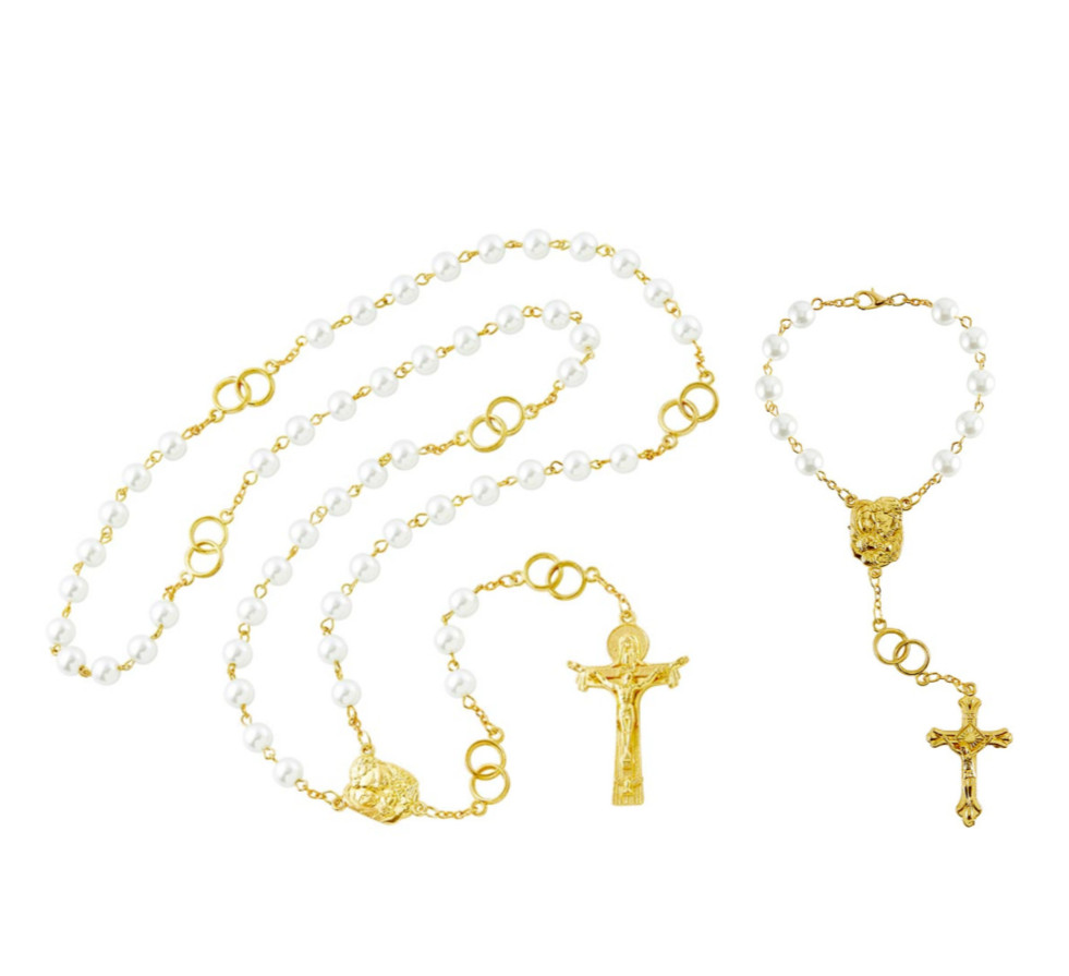 Golden Wedding Rosary 50th Anniversary Gift with One Decade Bracelet Catholic