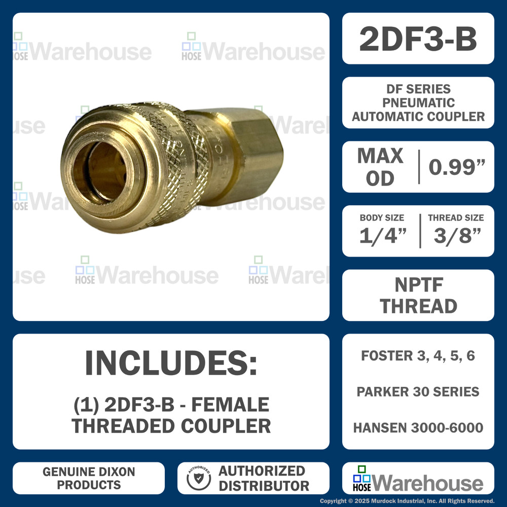 Genuine Dixon 2DF3-B DF-Series Coupler – Brass Automatic Pneumatic Female Thread