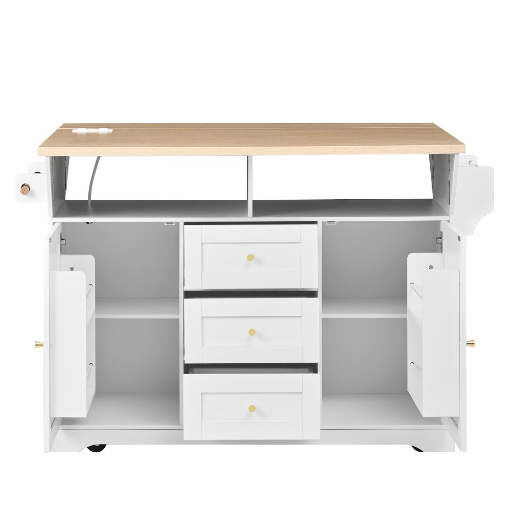 Kitchen Island w/ Power Outlet Wheels, Extendable Dining Table Storage White