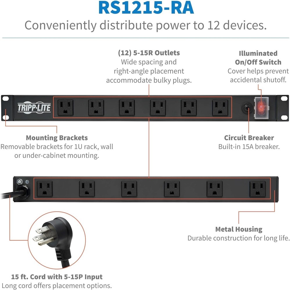 1U Rack Mount Power Strip with 12 Outlets and Right-Angle Plug for Versatile Use
