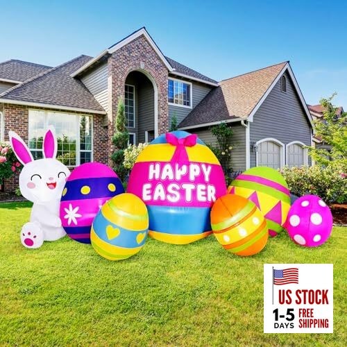8.4FT Long Easter Inflatables with 3.2FT Adorable Bunny & Easter Colorful Eggs