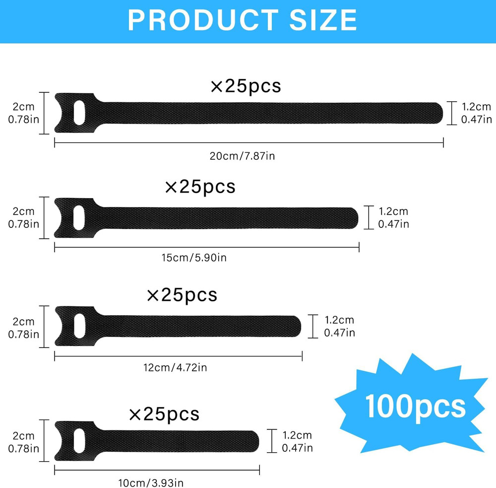 100Pcs Reusable Cable Ties - Hook and Loop Cable Straps for Wire Management - Ad