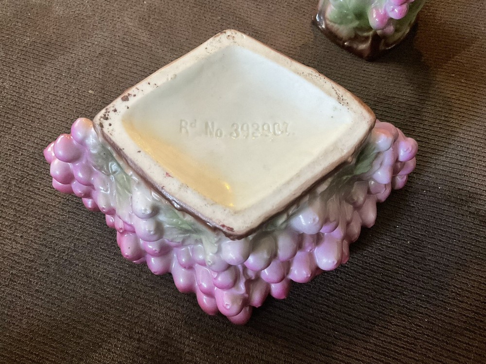 MAJOLICA :: c1902 OPEN SUGAR & CREAMER GRAPEVINE CLUSTERS Branch Handle ENGLAND