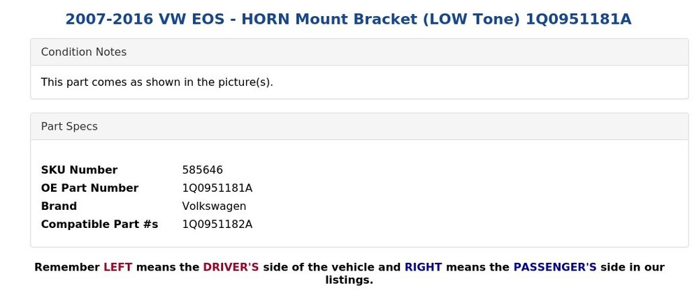 2007-2016 VW EOS - HORN Mount Bracket (LOW Tone) 1Q0951181A