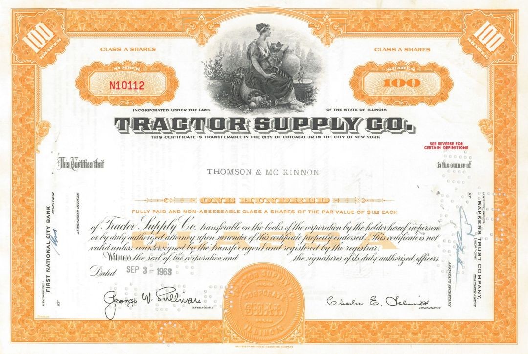 Tractor Supply Co. - 1960's dated Famous Retail Chain Stock Certificate - Gene