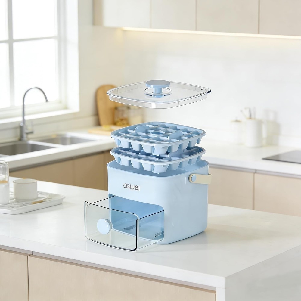 Compact Stackable Ice Cube Maker with Clear Lid - Ideal for Home Bars, Ice Blue