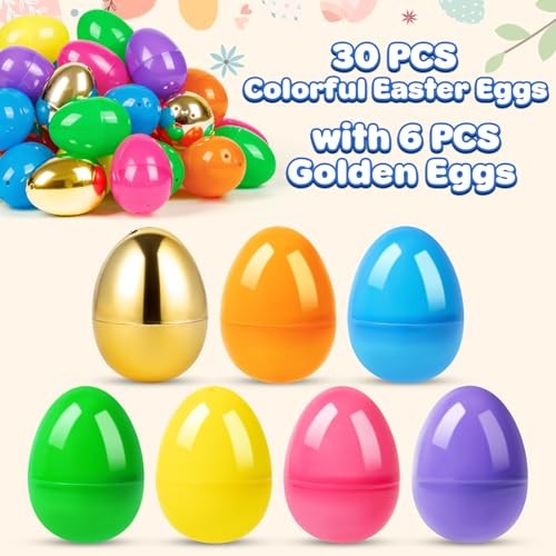 36 Count 3.15" Plastic Easter Eggs, 30 Pcs Empty Suprise Eggs 6 Pcs Golden