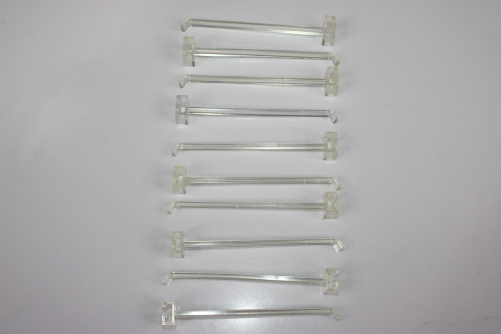 10 4" DISPLAY CASE RACK J BAR CLEAR PLASTIC RIBBED SLIDING LOCK "J" SHAPE HOOKS