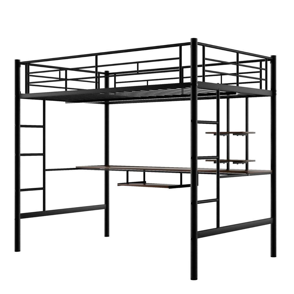 Full Size Bed Frame Loft Bed with Desk and Shelf , Space Saving Design Black