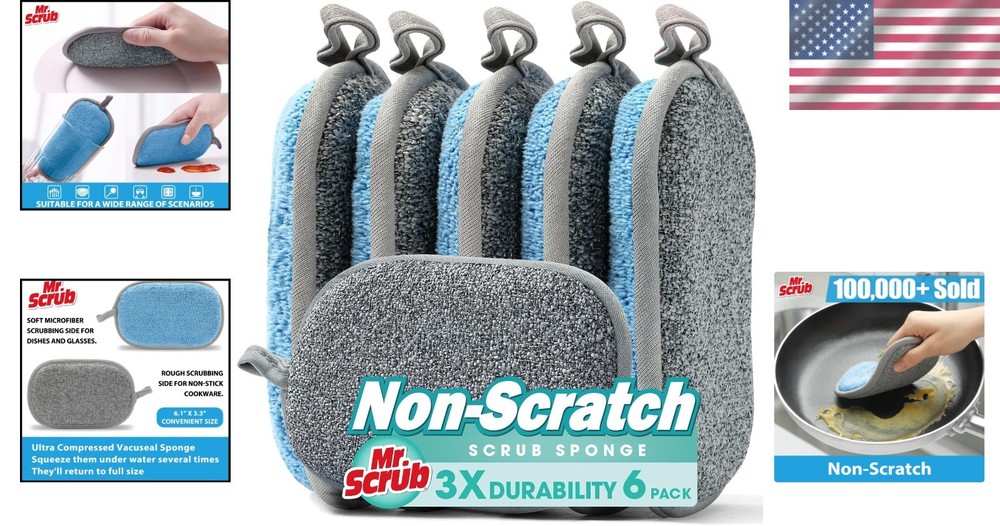 Gentle Non-Scratch Microfiber Sponges - 6 Pack for Effortless Kitchen Cleaning