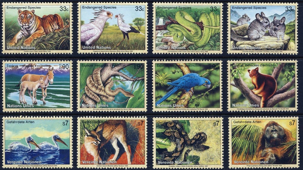 UN 1999 Endangered Species (12) [NY+Geneva+Vienna] . Mint Never Hinged