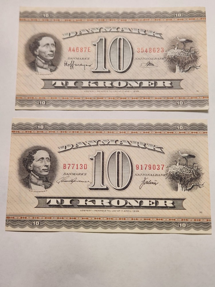 Denmark 10 Kroner XF, Pair Diff. Sig. 1936, Hans Christian Andersen + Gift!  Dk2