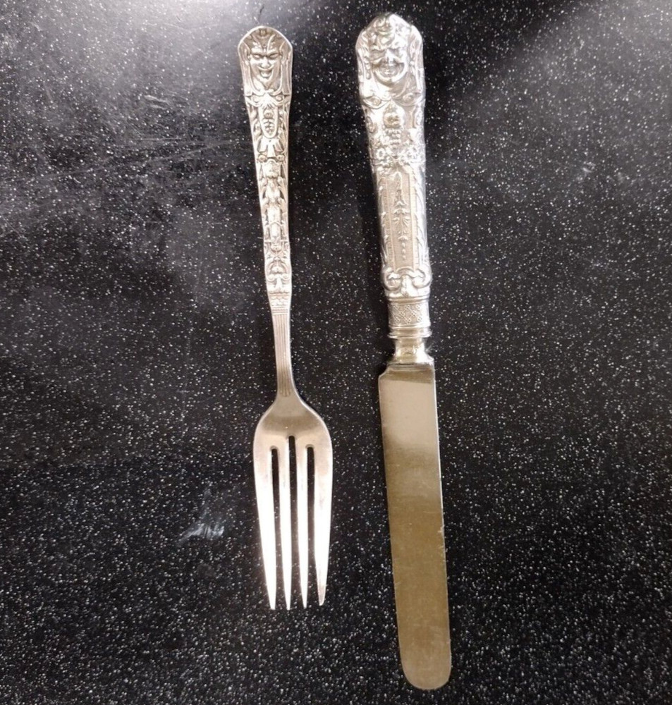 RARE ANTIQUE   REED & BARTON SILVER PLATE RENAISSANCE DEVIL BACCHUS KNIFE FORK