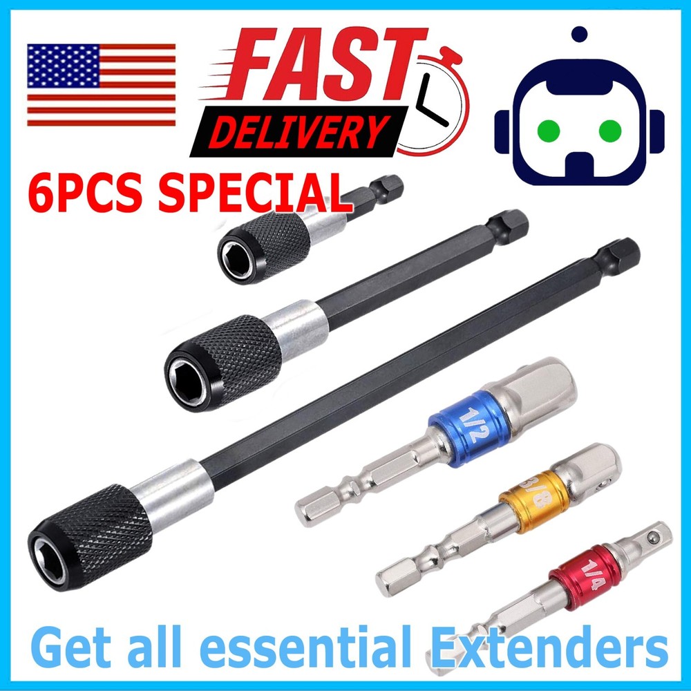 6Pcs Socket Adapter Drill Bits Set Hex Impact Driver Tools 1/4" 3/8" 1/2" Shank
