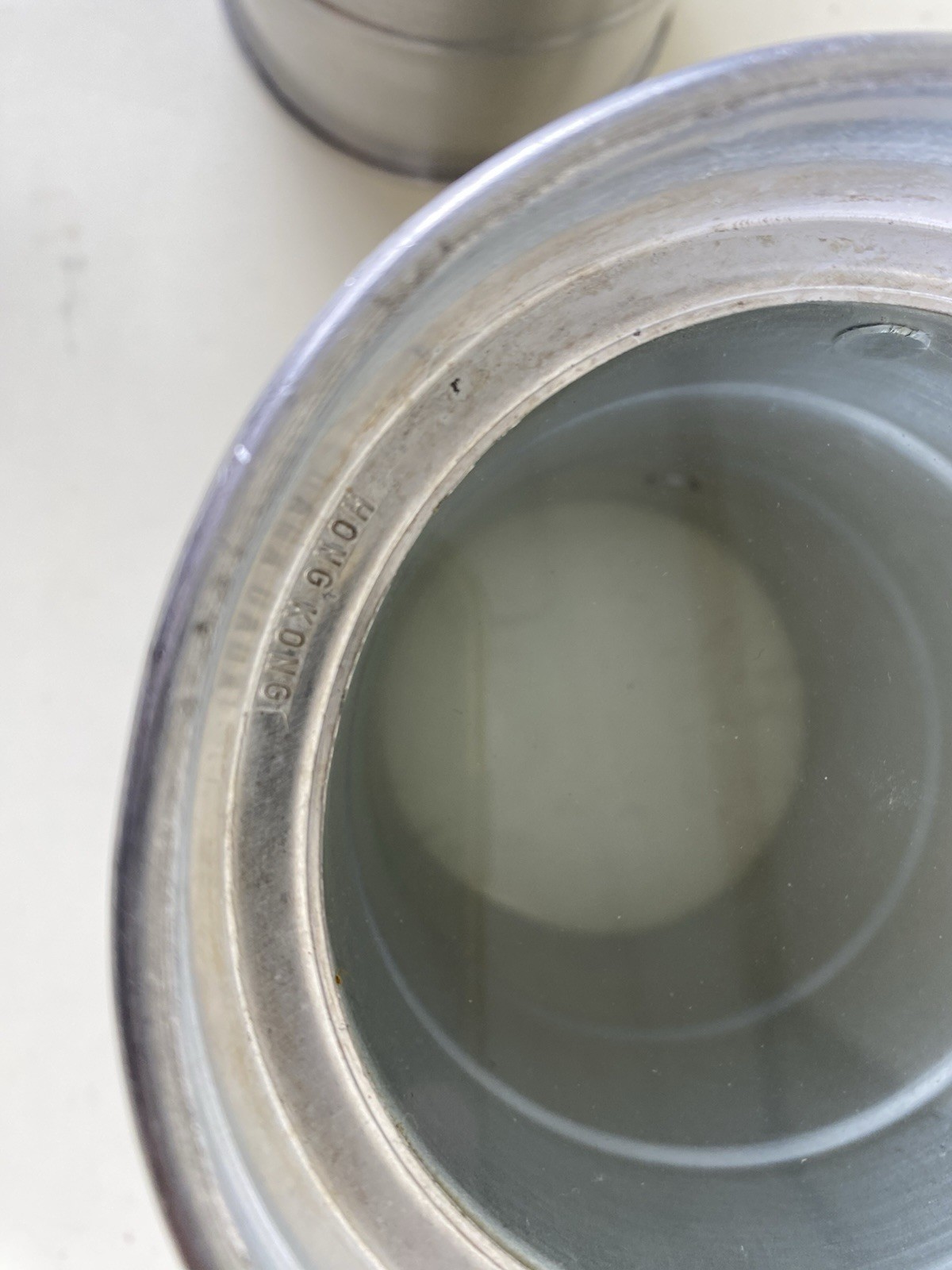 Pair Apex Aluminum Pewter Beer Steins Mugs w Glass Bottom Black Handle Hong Kong