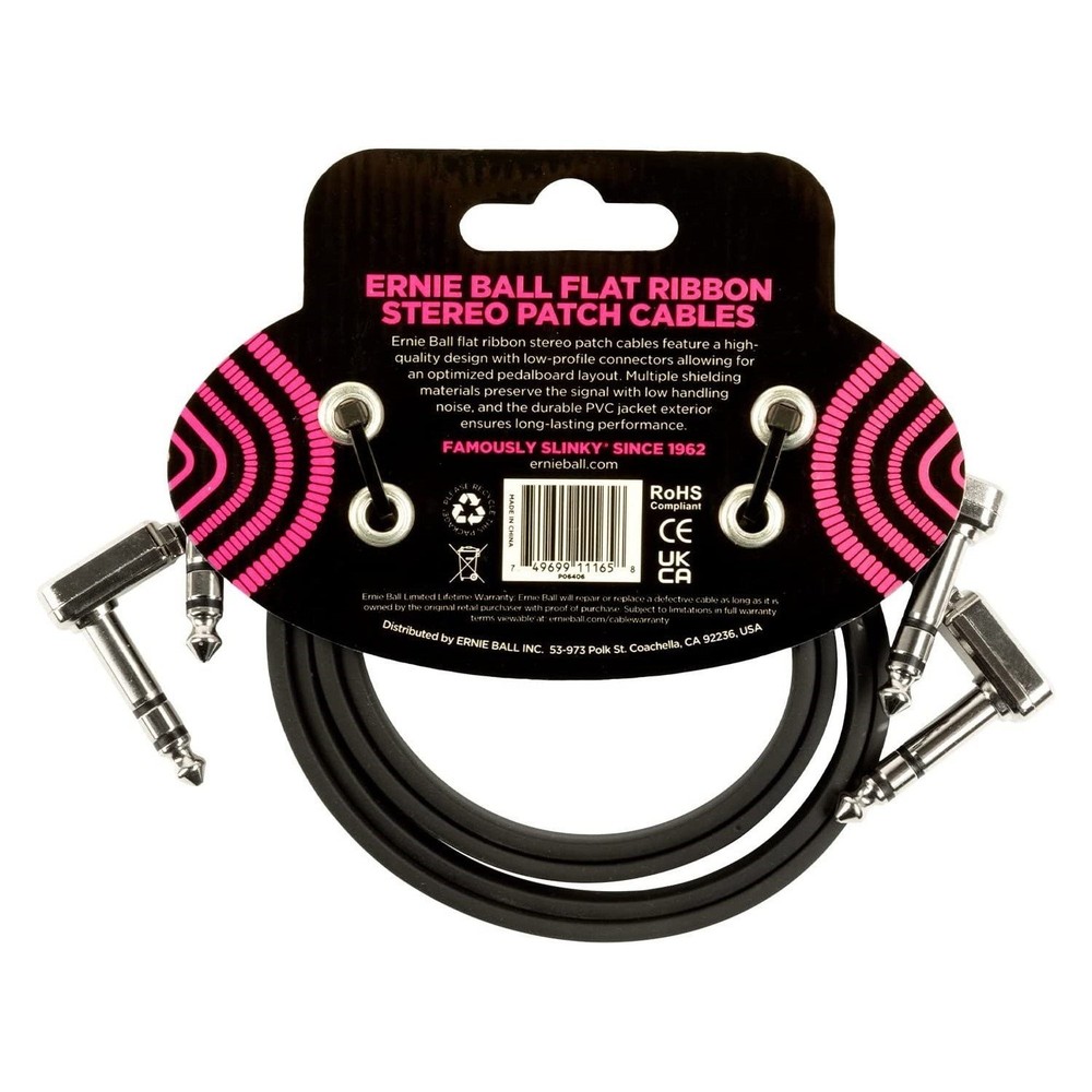 Ernie Ball Stereo Patch Cable 24 inch Flat Ribbon 2-Pack - Black