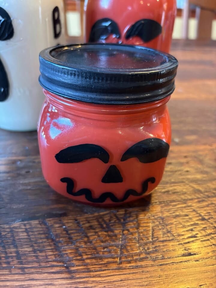 2 Pumpkins & 1 Ghost Painted Ball Jars