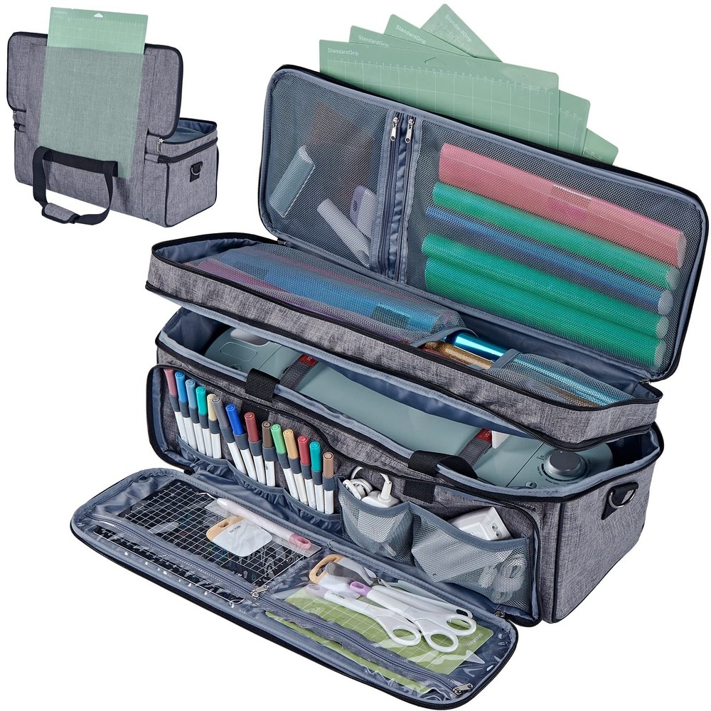Double Layer Carrying Case for Cricut Maker 4 & Explore 4, Multi Pockets, Grey