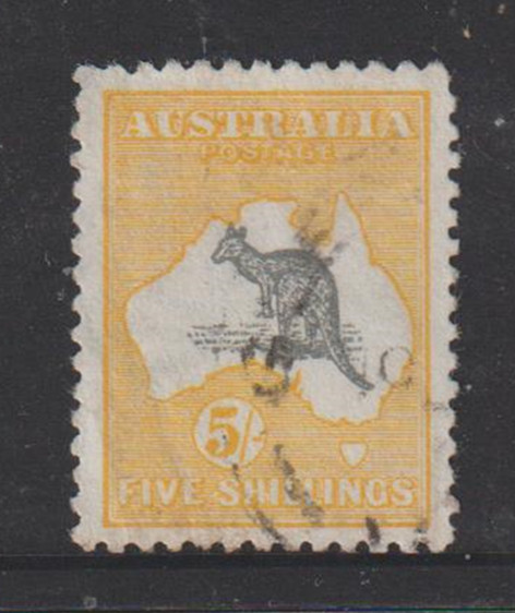 KANGAROO 2D WMK 5/- YELLOW VERY WELL CENTRED LIGHT USAGE.