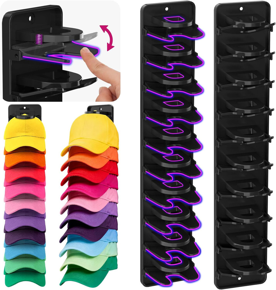 Spring-Loaded Hat Organizer for Baseball Caps (2 Pack) – Holds 20 Caps, Quick In