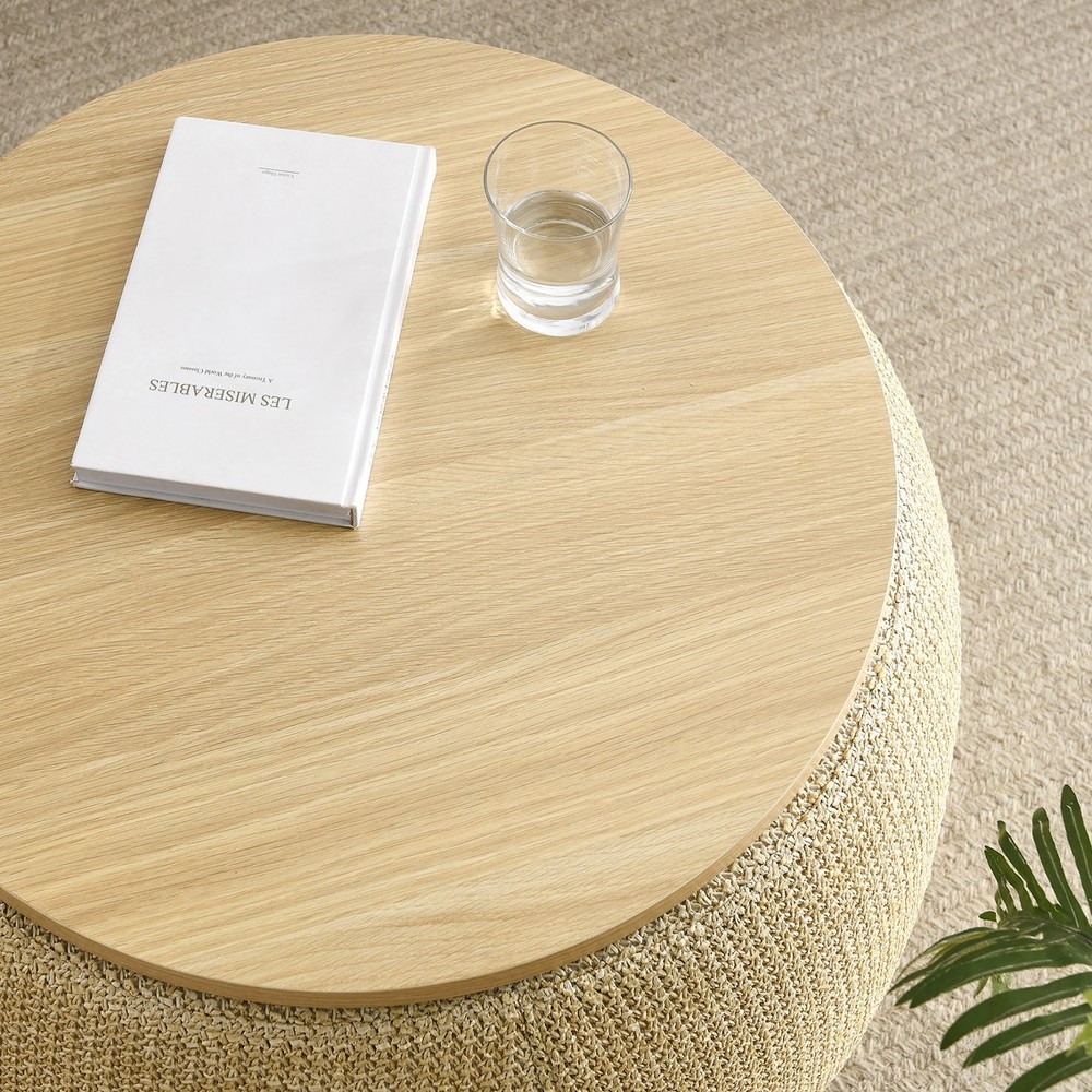 Round Storage Ottoman 2 in 1 Function Work as End Table Natural