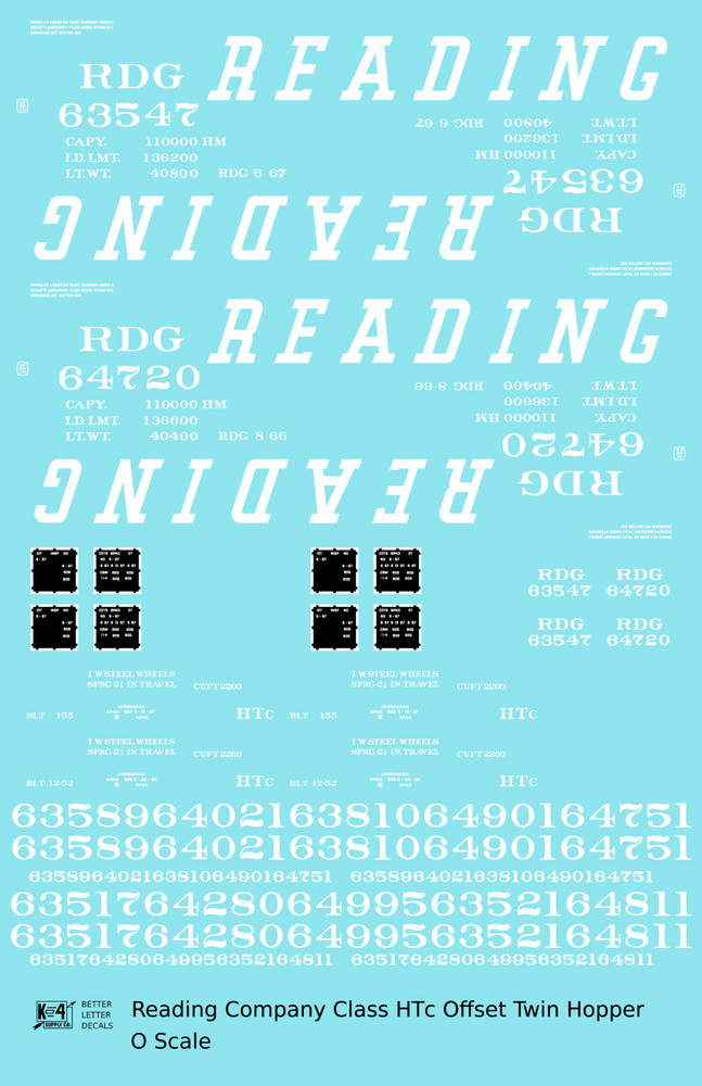 K4 O Scale Decals Reading Class HTC Offset Twin Hopper White