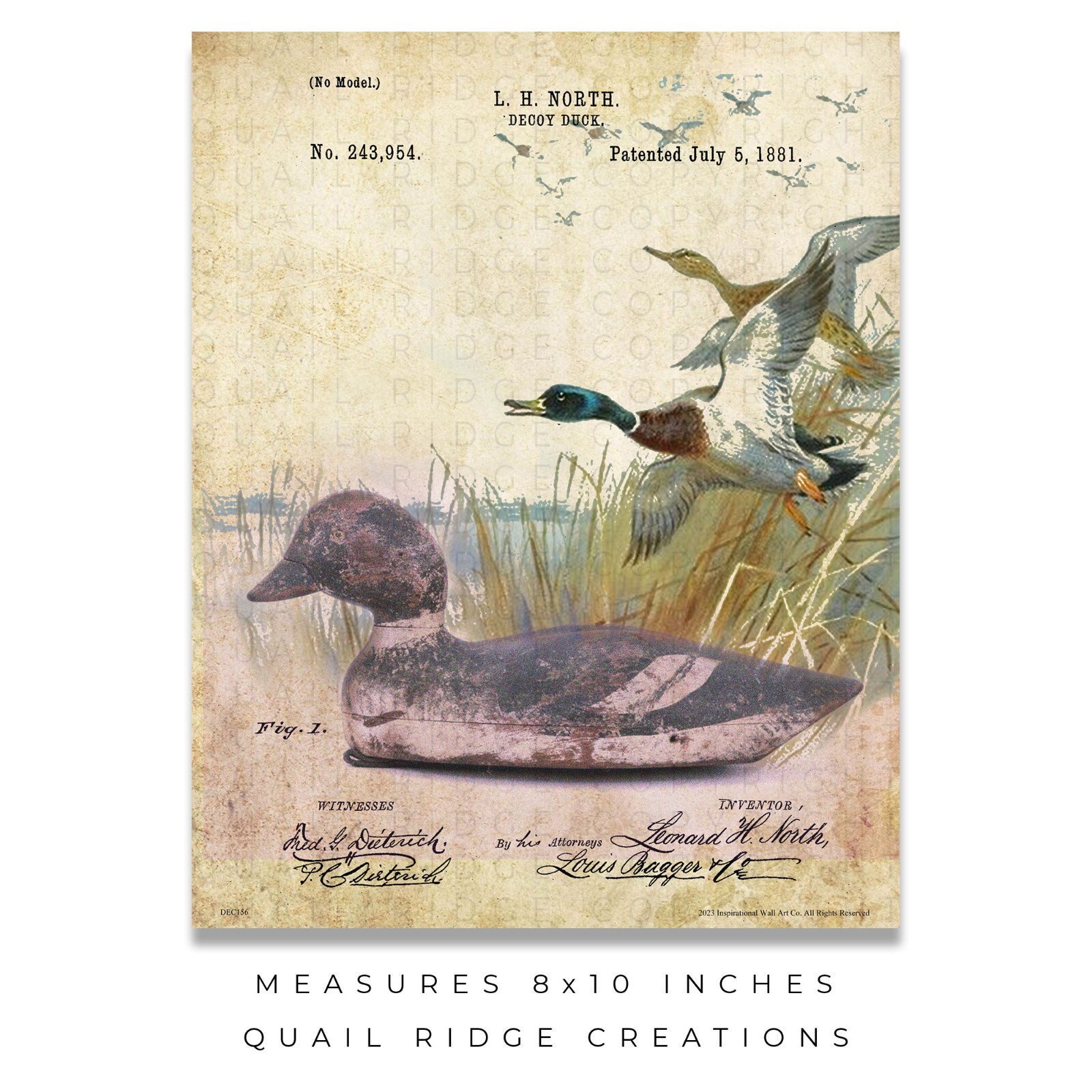 Vintage Duck Decoy Patent Art Print 8X10 Calls Hunting Fishing Cabin Wall Decor