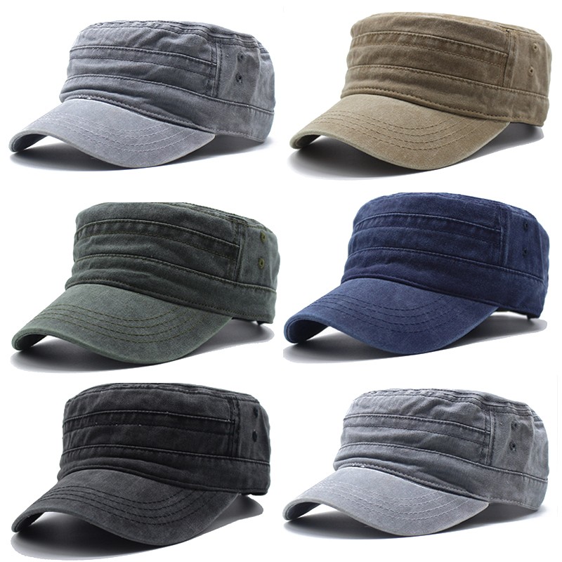 Washed Vintage Flat Top Cap, Cotton Military Cadet Army Caps Unique Design ❥