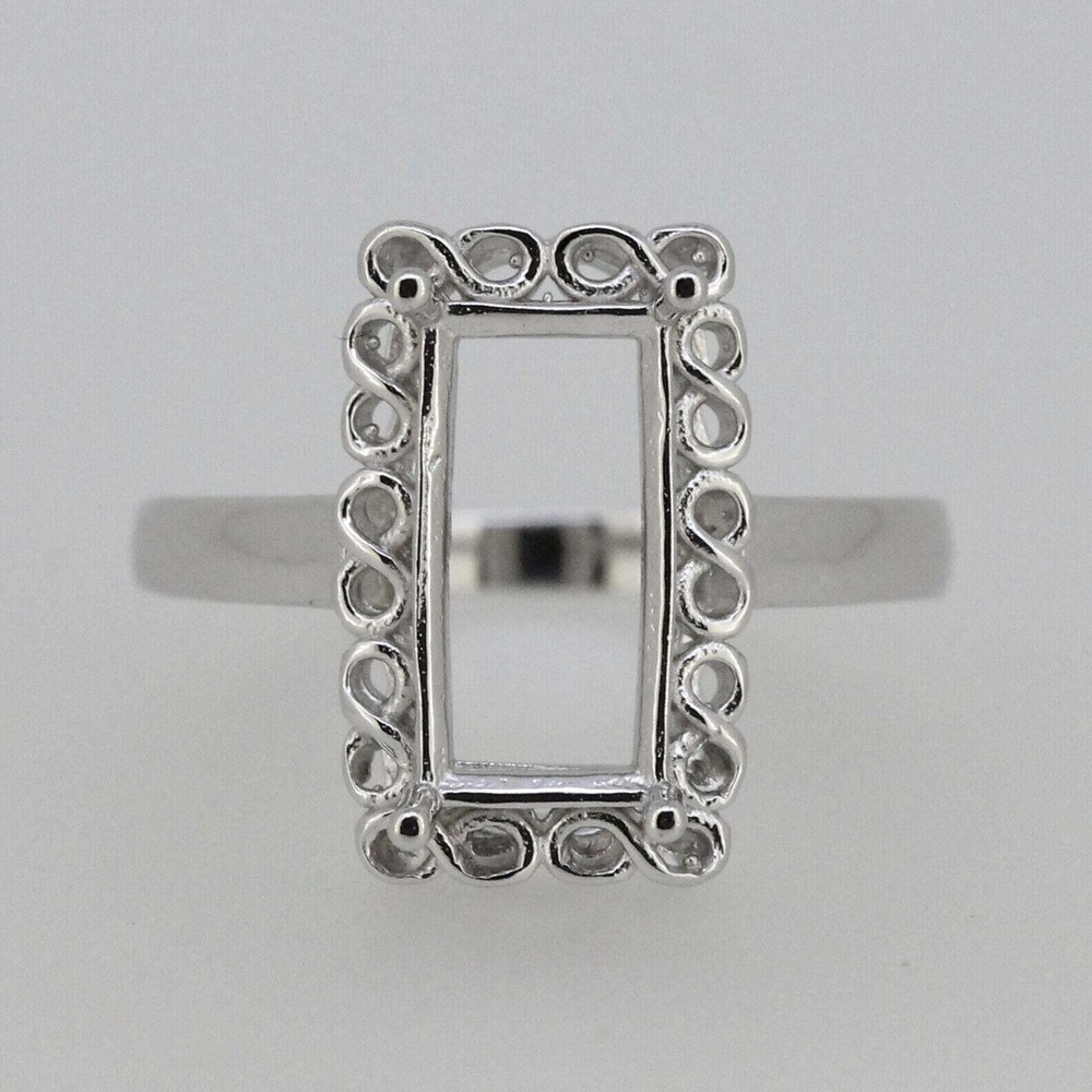 Sterling Silver Semi Mount Ring Setting Emerald OCT 12x6mm Halo