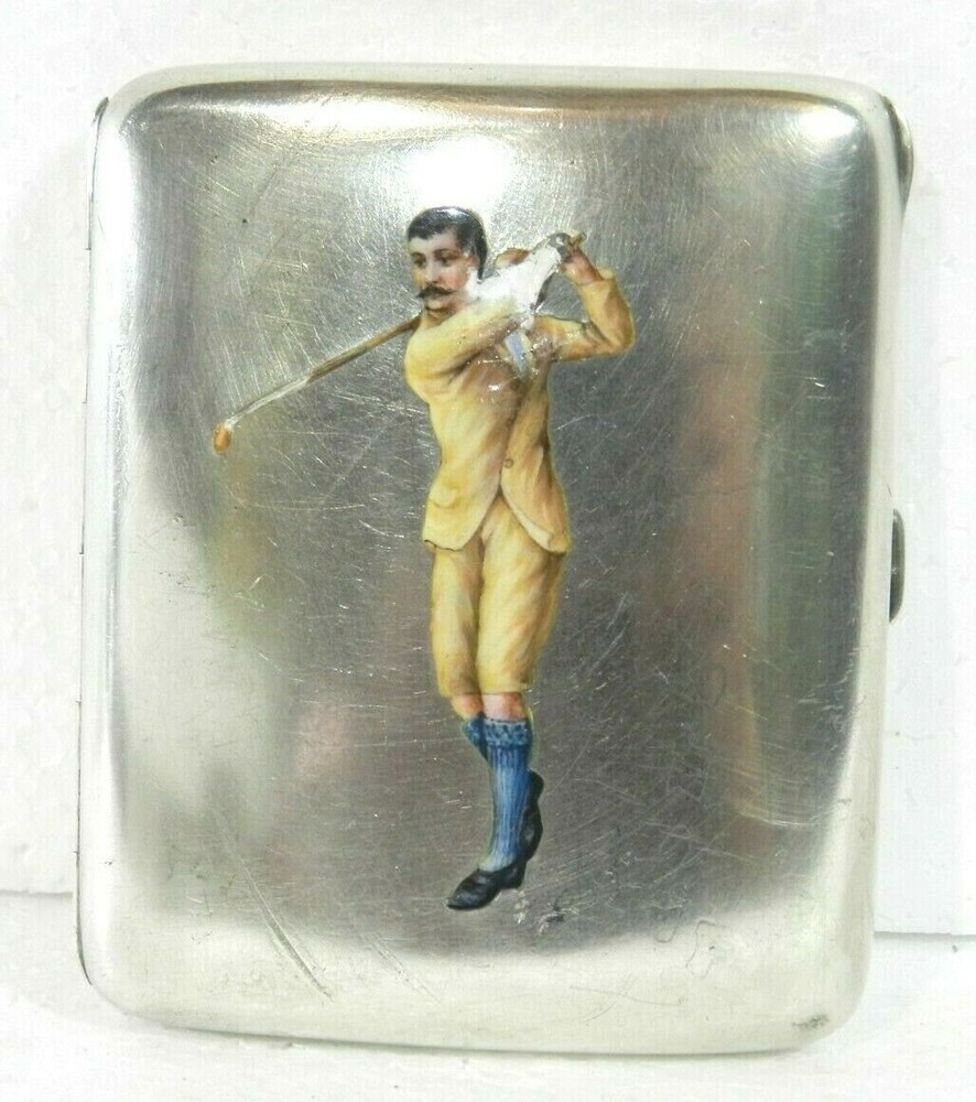 ANTIQUE CIGARRETE CASE SILVER 925 ENAMEL GOLFER GOLF
