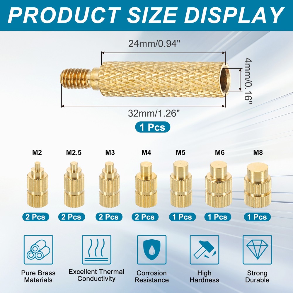 12 Pcs Brass Heat Set Insert Tips for Threaded Inserts M2 M2.5 M3 M4 M5 M6 M8