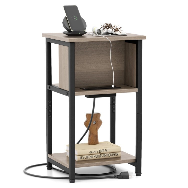 3Tier Side Table Modern Nightstand End Table Storage w/USB Ports & Power Outlets
