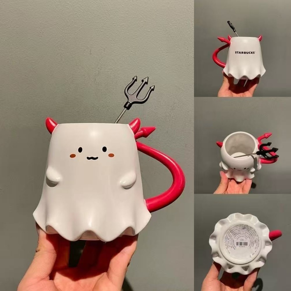 Halloween Ghost-Shaped Ceramic Mug with Devil Horns & Trident Stirrer Starbucks