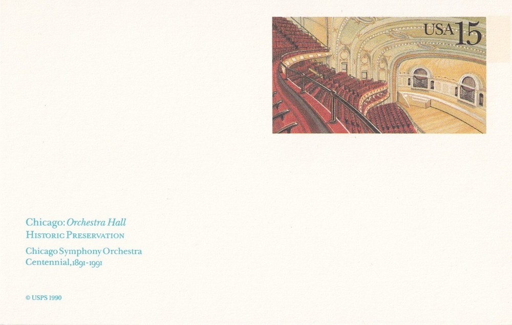 STAMP SCOTT UX152 "Chicago Orchestra Hall" 15 CENT 1990 POSTCARD MNH
