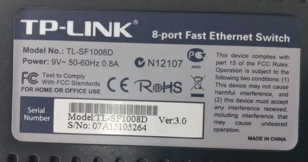 TP-LINK 8 PORT ETHERNET SWITCH TL-SF-1008D 10/100 MBPS