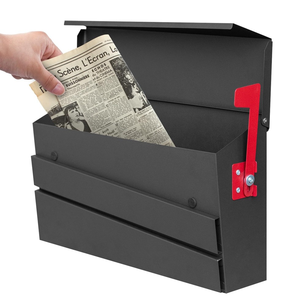 Wall-Mount Mailbox, Morden Mailbox for House, Rust Flag, Black