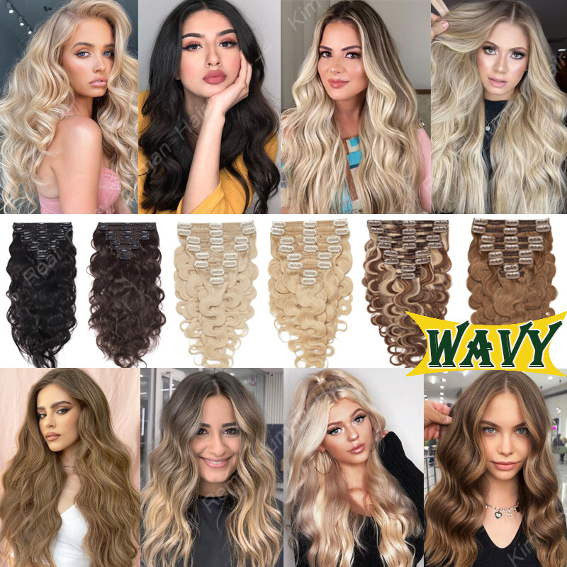 Thick Double Weft Clip In Real Remy Human Hair Extensions Full Head Highlight US