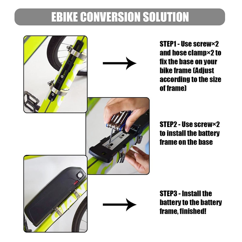 Ebike Conversion Kit for Battery Adapter Frame Mount, Aluminum Black