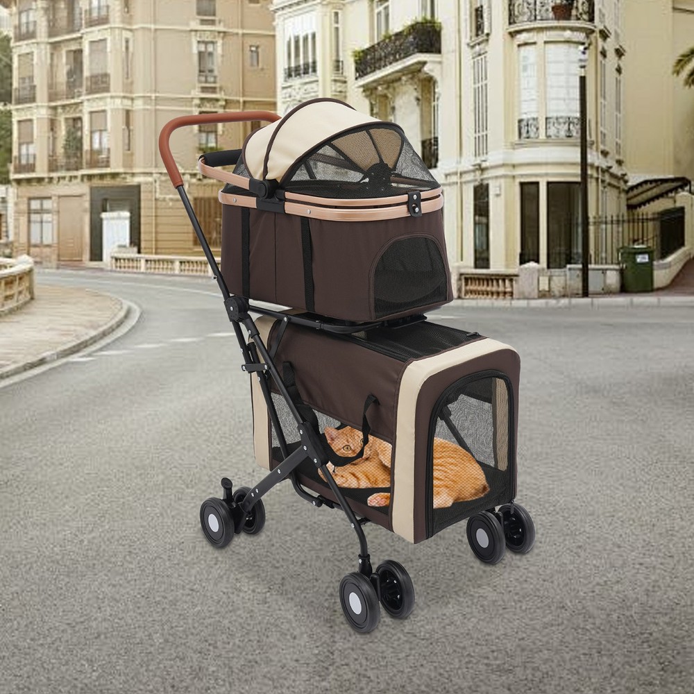 2-Tiers Foldable Cat Stroller Pet Stroller Small & Medium Dogs Stroller 77lbs