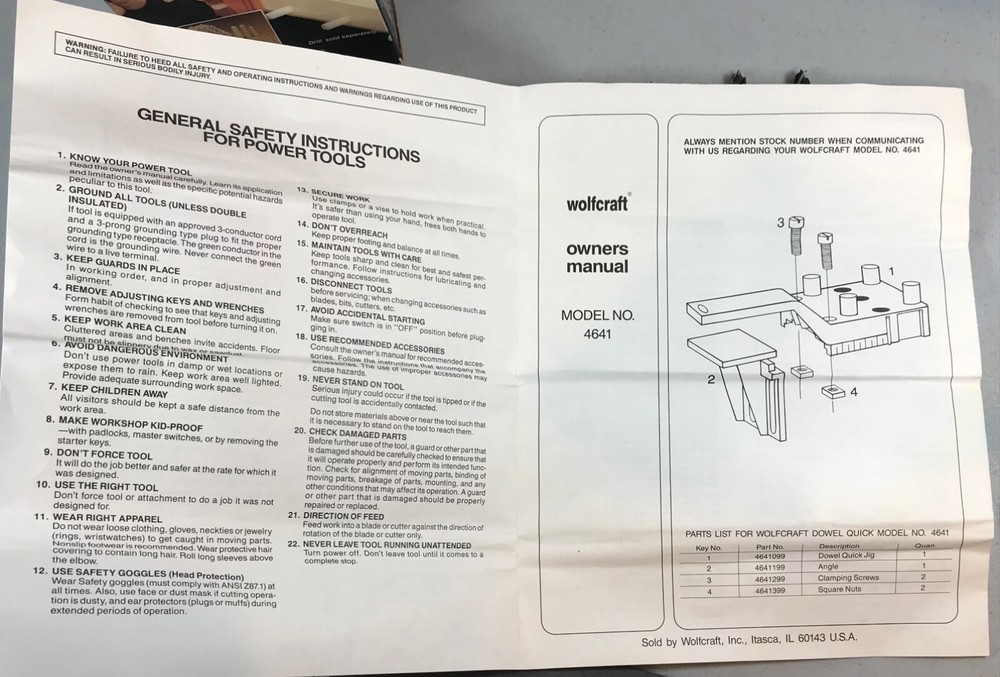 SEARS - Dowel Quick Kit - No. 967188 - Jig Guide, Drill Bits, and Stop Collars