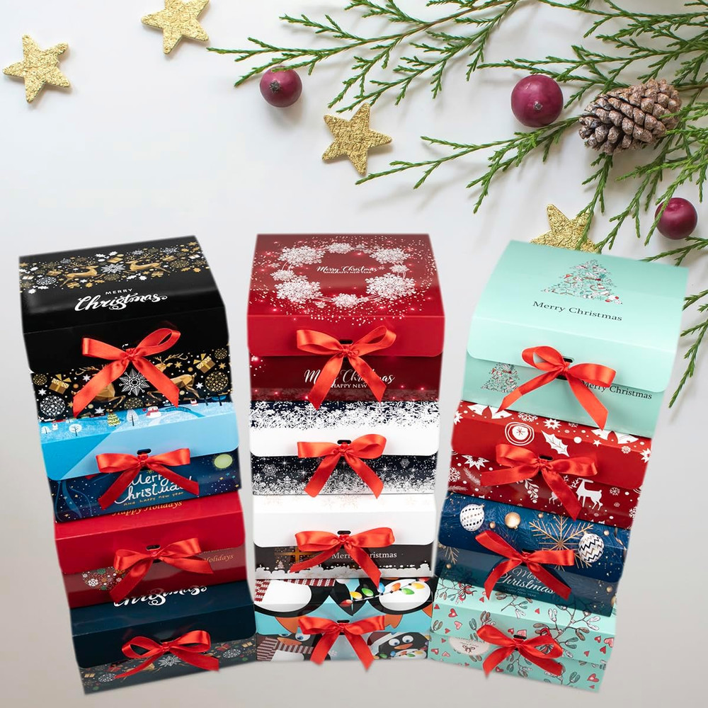 Boxes with Lids 6 Pack Small Gift Boxes with Red Ribbon and Themed Pattern for