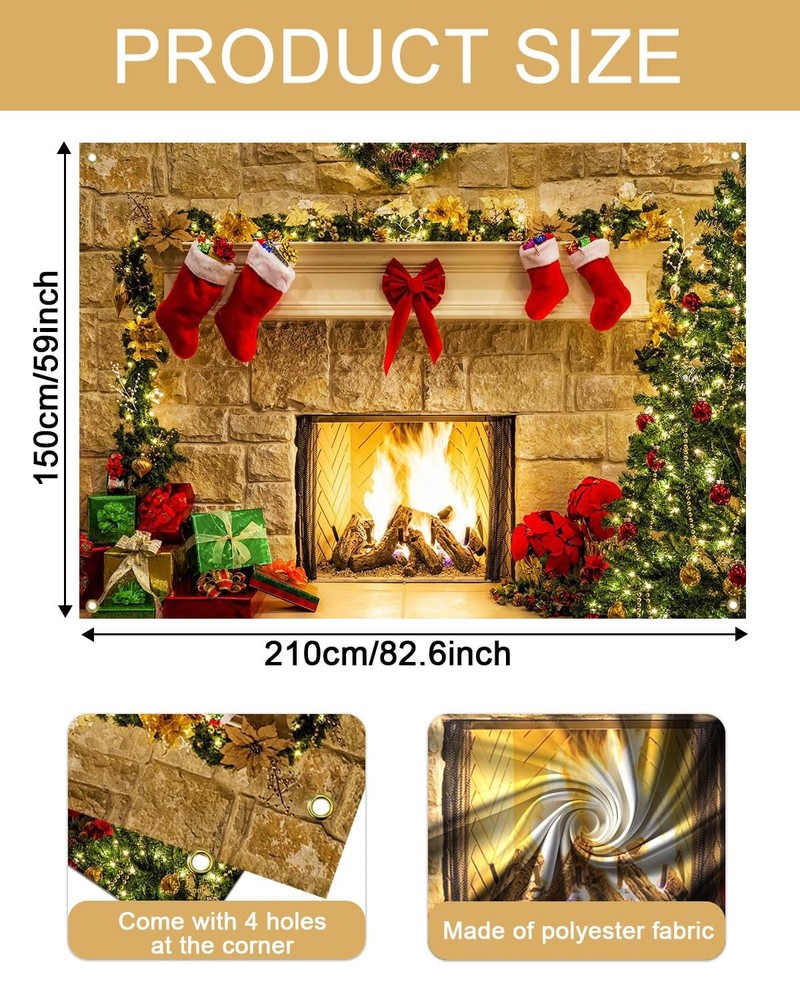 Mocsicka Christmas Fireplace Backdrop 7x5ft, Red, Polyester Red